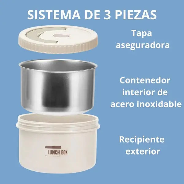 Sistema de 3 piezas — tapa, contenedor de acero y recipiente exterior