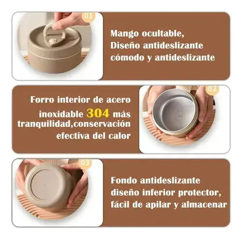 Mango ocultable, forro interior de acero 304 y fondo antideslizante
