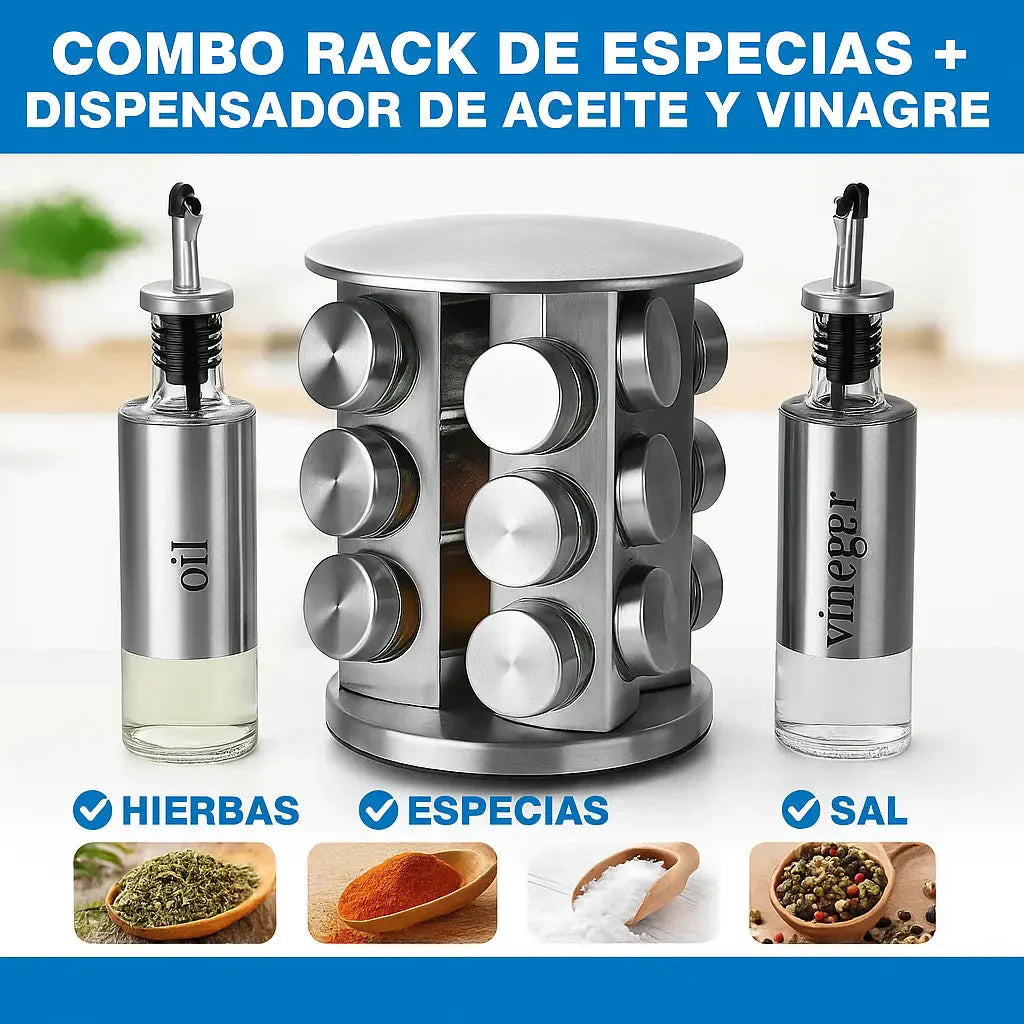 Combo Organizador de Especias + 2 Dispensador de Aceite y Vinagreta