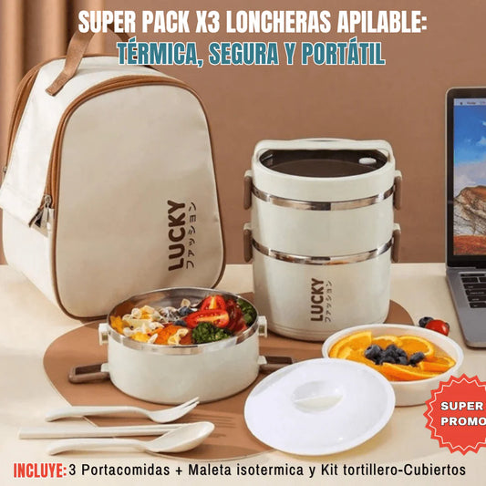 SUPER PACK x4 PORTACOMIDAS TERMICOS + MALETA Y KIT TORTILLERO-CUBIERTOS ¡GRATIS!